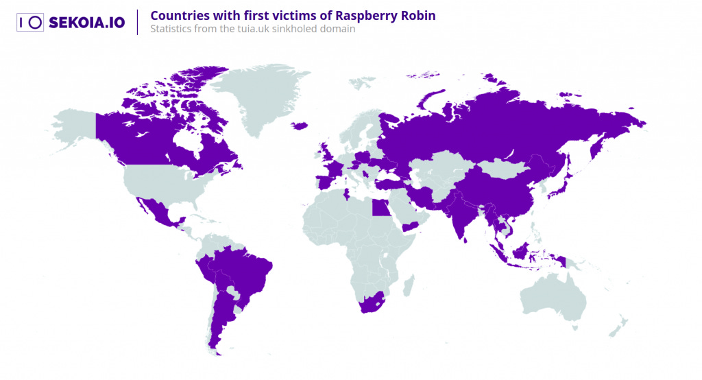 Countries with first victims of Raspberry Robin. Source : Statistics from the tula.uk sinkholed domain.