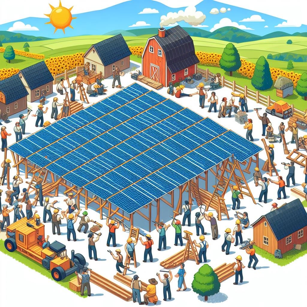A community coming together to build a large solar array, in a cartoon style. It should be similar to a picture of an old-fashioned barn-raising.