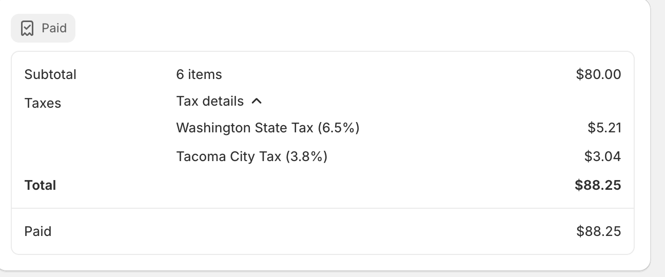 screenshot of an $80 Fernseed sale plus the tax rates on the receipt
