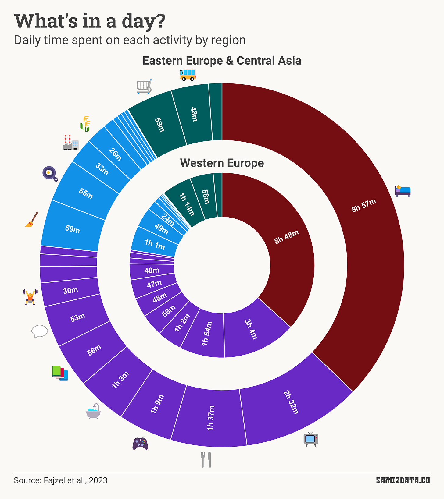 A donut showing the daily time spent on each activity in both Eastern Europe and Central Asia, as well as Western Europe. The chart reveals the distribution of time spent on different activities in the two regions, highlighting differences in daily routines.