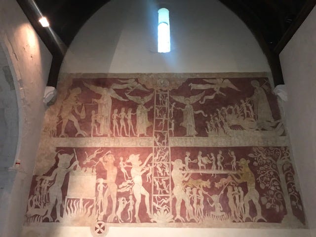 The 17 x 11 foot mural painting of The Ascent of the Soul, depicting heaven, hell, purgatory and a ladder where souls tumble down and others struggle up. Deeds are weighed and sins punished by torture.