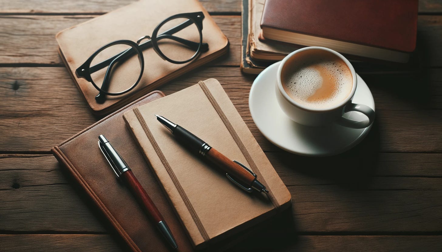 Wide photo of a well-used notebook and pen on a wooden table, surrounded by a cup of coffee and reading glasses, suggesting a familiar workspace or daily routine.