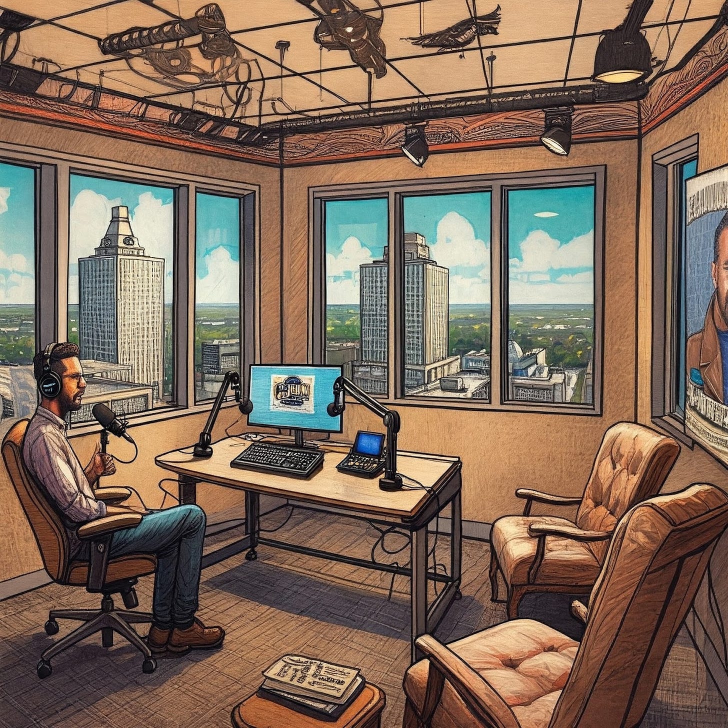 Laurent Thibodaux Co-host at his office desk at Cajun Chronicles Podcast Corporation looking over New Orleans.