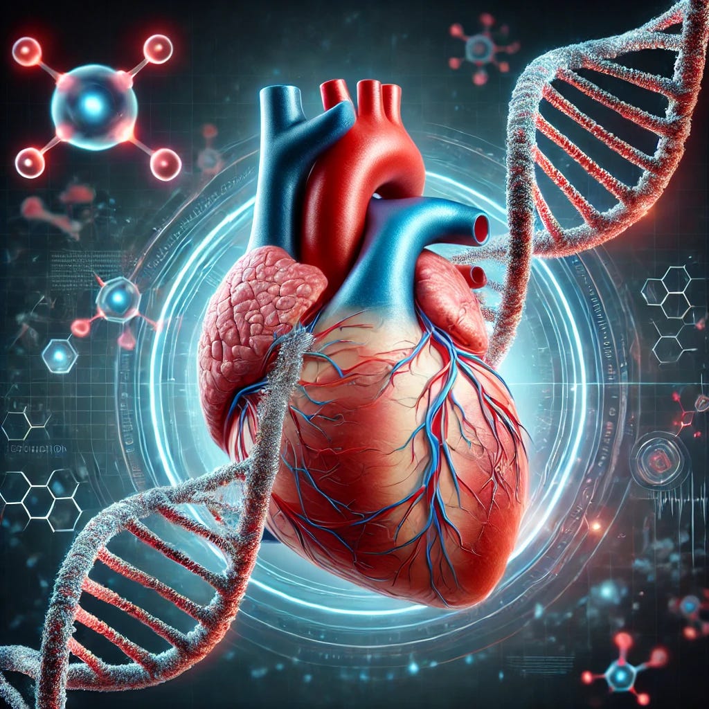 A visually striking illustration combining cardiology and genetics. The image features a detailed human heart intertwined with a double helix DNA strand. The DNA strands glow with a soft blue and red light, symbolizing genetic influence on cardiovascular health. The heart is anatomically accurate, with arteries and veins subtly integrating into the DNA structure. The background is a dark, futuristic setting with digital elements and molecular structures floating around, emphasizing the scientific and medical theme.