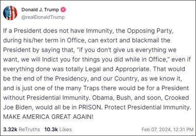 A Truth Social post by Donald Trump about Presidential immunity