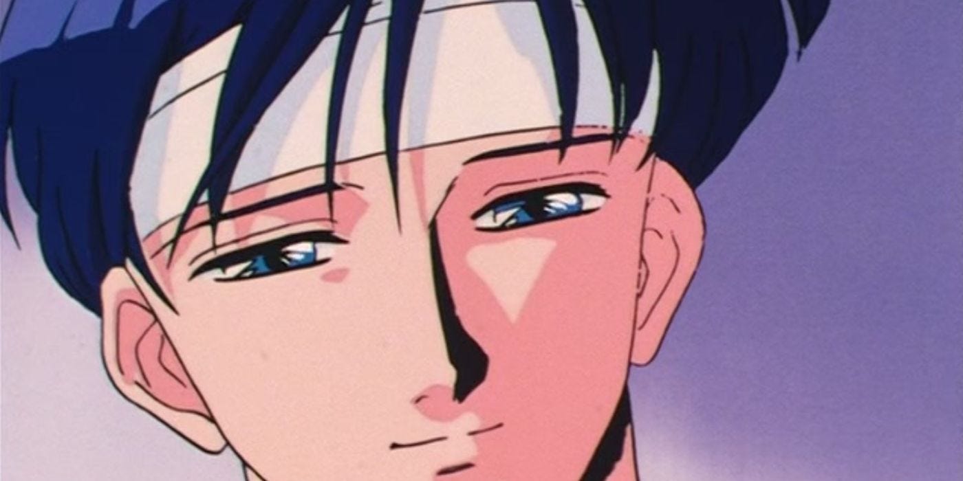 Un primer plano muestra a un príncipe Saphir herido sonriendo en el anime original de Sailor Moon.