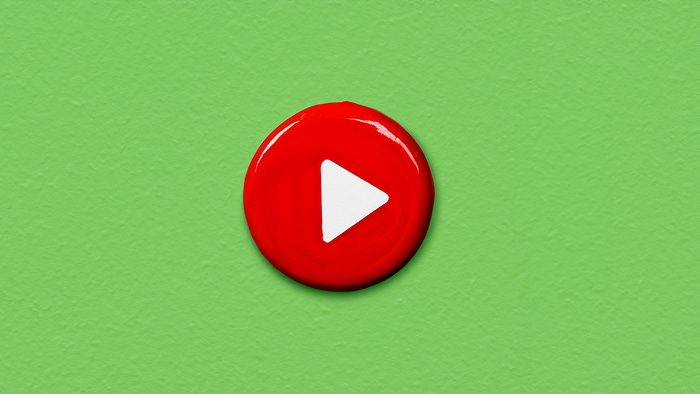 Digital art of the YouTube play button on a green background.
