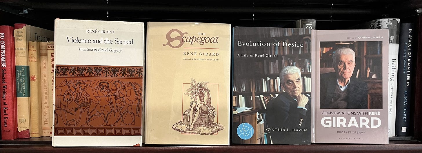 Photo of four books for further reading: Violence and the Sacred; The Scapegoat, Evolution of Desire; and Conversations with René Girard