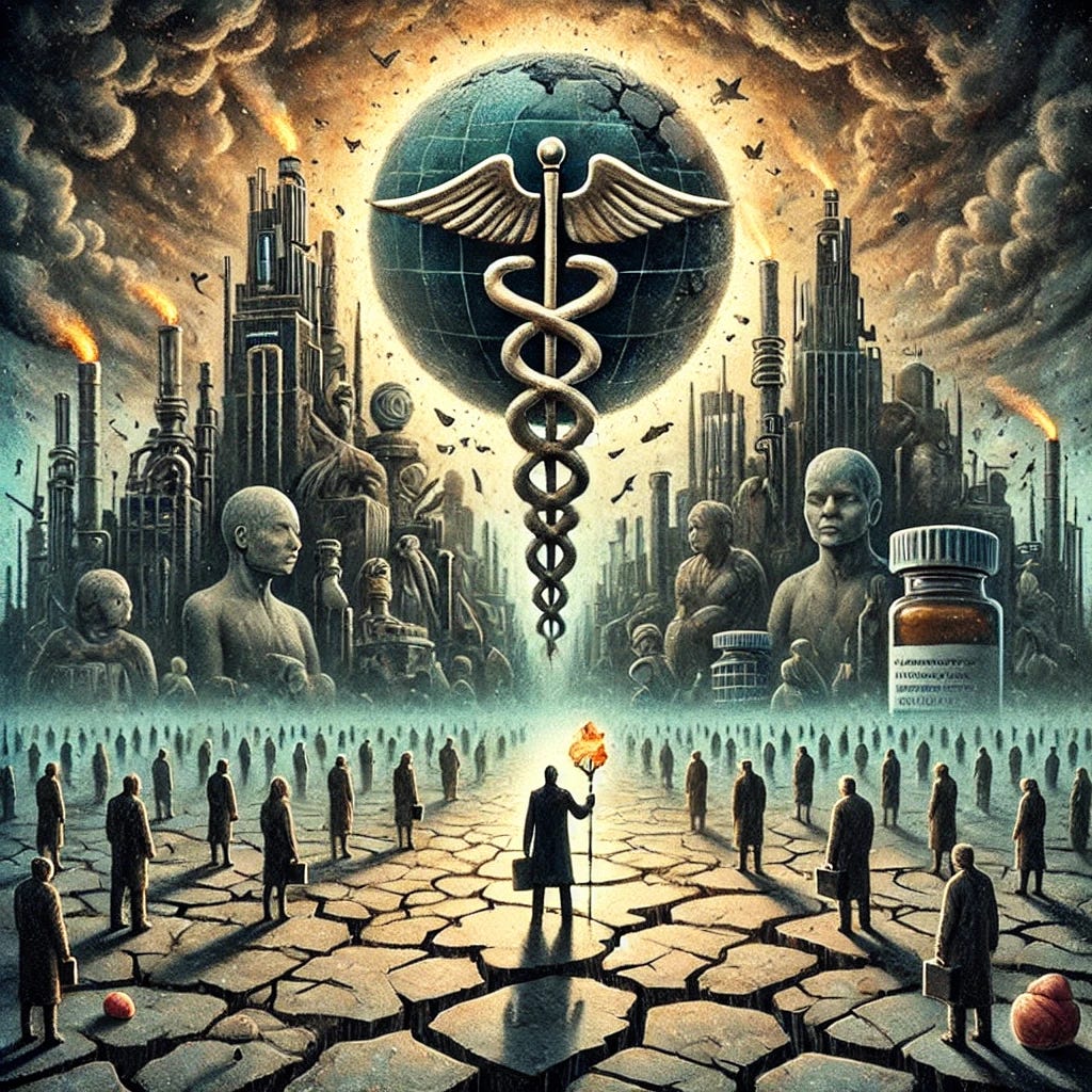 A symbolic and artistic representation of the themes in 'Racketeering in Medicine' by James Carter, M.D. The image depicts a complex web of corporate and medical power, represented by shadowy figures and towering buildings, looming over a small, solitary figure holding a natural remedy. The figure stands on a cracked and uneven ground, symbolizing the instability and challenges faced by alternative medicine. The backdrop features a dark, cloudy sky with flashes of lightning, signifying the ongoing battle between holistic therapies and the entrenched medical establishment. The color palette should be muted with a mix of dark and earthy tones to evoke a sense of suppression and conflict.