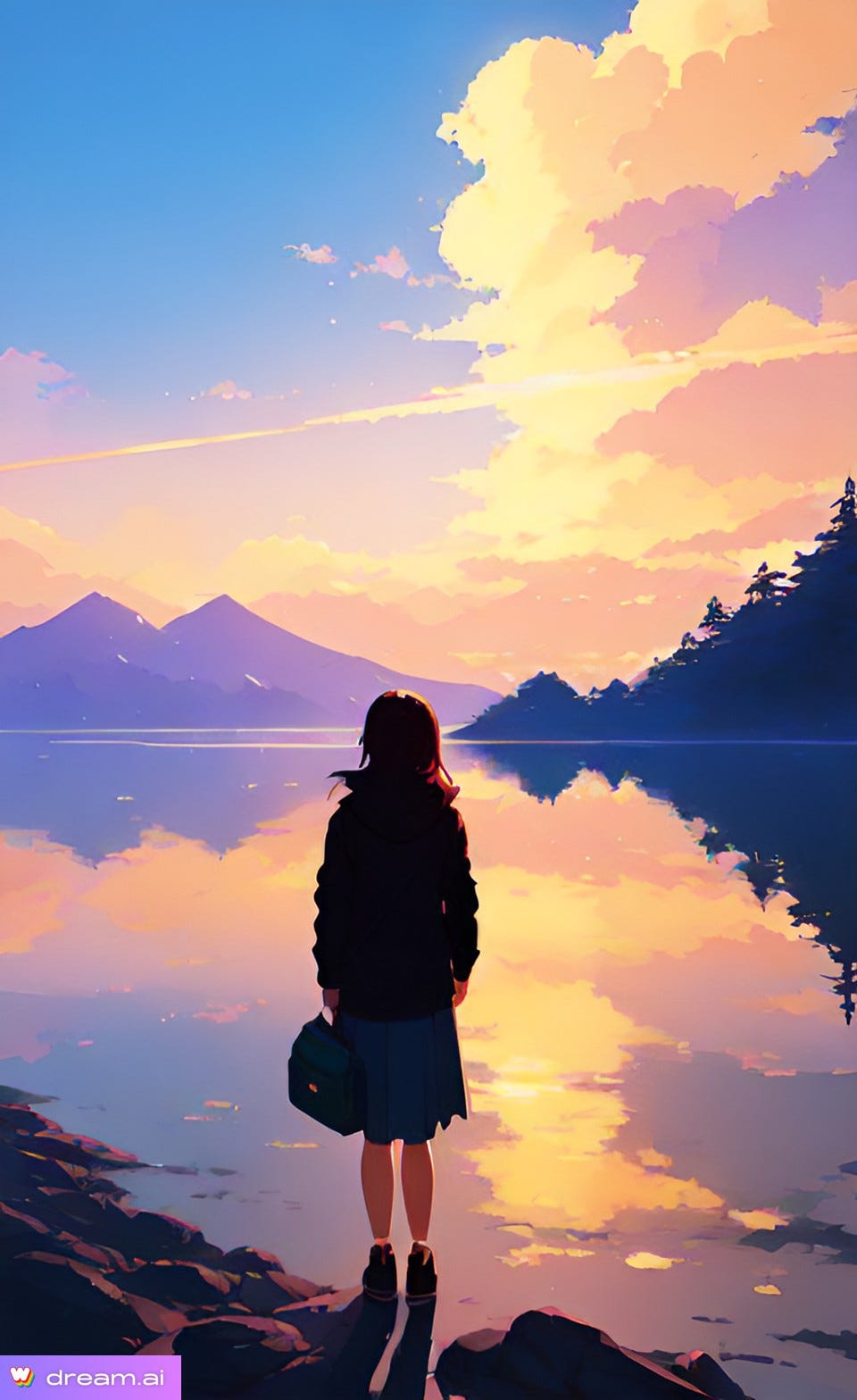 anime style AI image of a woman holding a bag at her side, standing at the edge of a mountain lake.