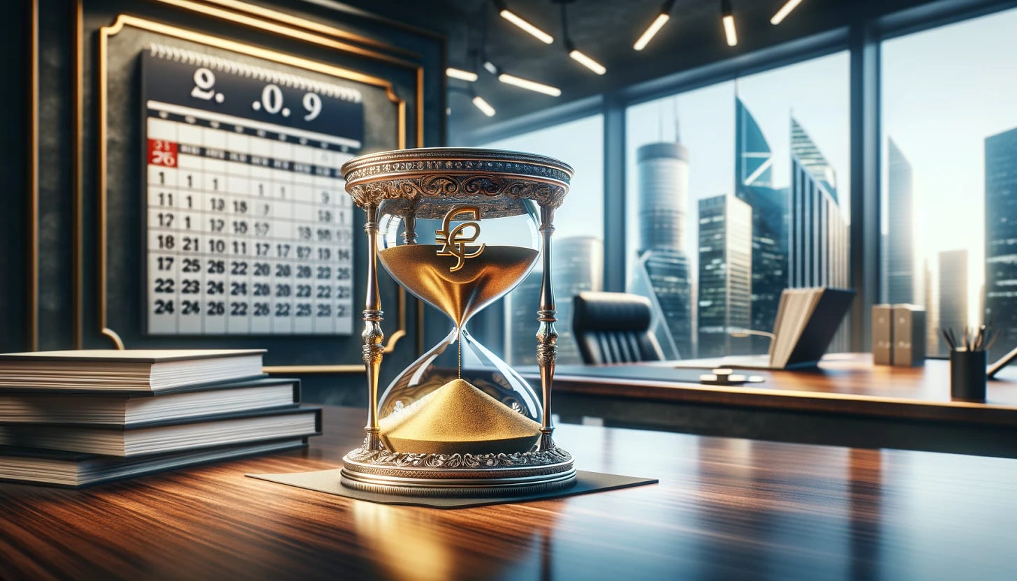 A horizontal concept art for a financial news headline. In the foreground, a large, ornate hourglass sits on a polished wooden desk, symbolizing the passing of time in financial decisions. Sand in the upper half of the hourglass is golden, representing interest rates held by the European Central Bank (ECB), while the lower half contains silver sand, signifying potential rate cuts. In the background, a panoramic view of a calendar with pages gently turning, indicating the Federal Reserve's (Fed) cautious approach towards rate cuts by the end of 2024. The setting is an office with modern, sleek decor, emphasizing the professional financial environment.