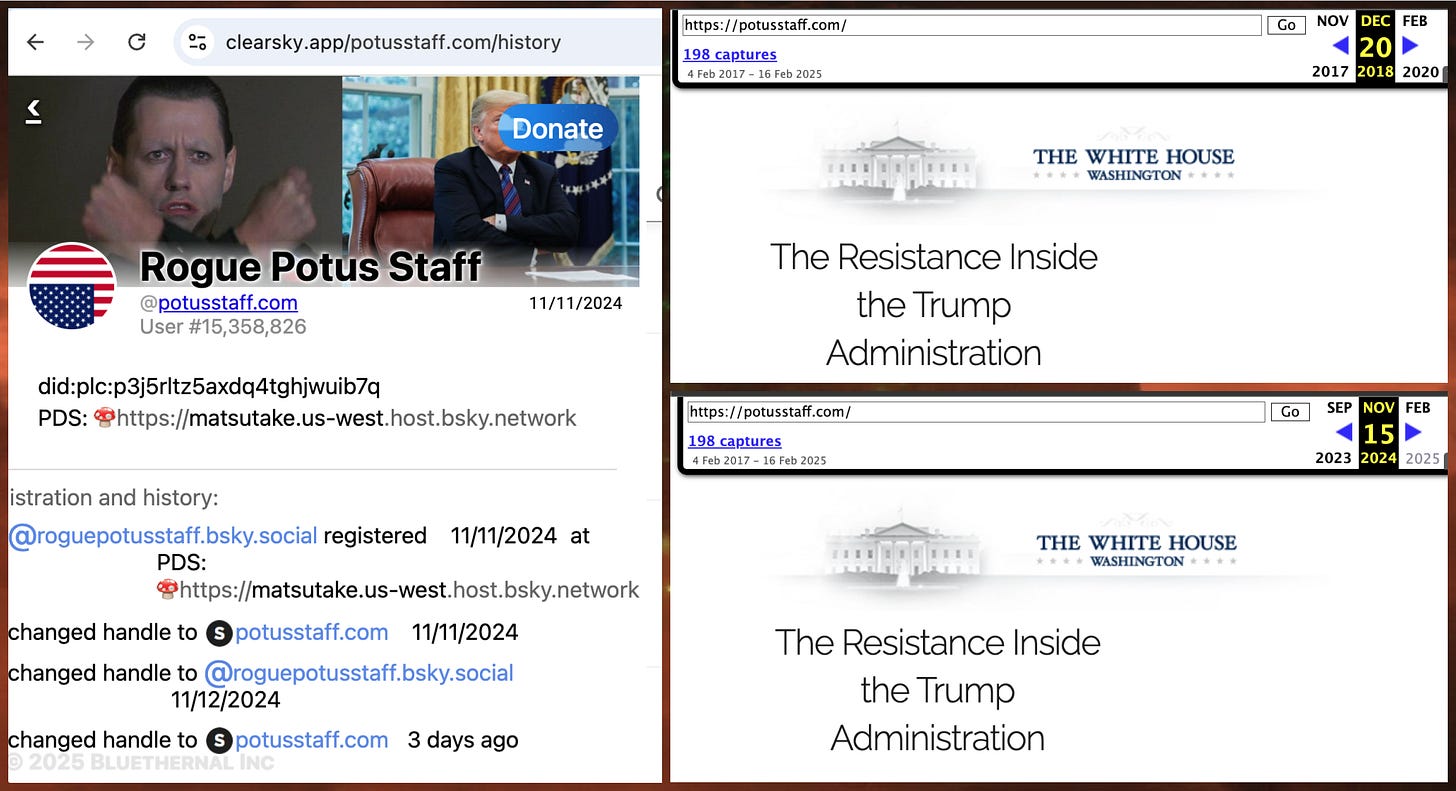 handle change history for "Rogue POTUS Staff" Bluesky account, and archives from 2018 and 2024 of the RoguePOTUSStaff website showing the same content in both