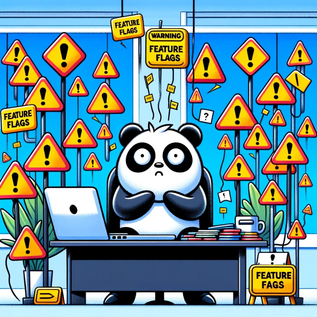 An illustration depicting a confused panda sitting in front of a computer with multiple warning signs and flags around, symbolizing the chaos and complexity caused by feature flags in a codebase. The setting is a modern office environment, and the panda looks overwhelmed by the numerous decisions to be made, representing the article's theme about the negative impacts of feature flags on software development.