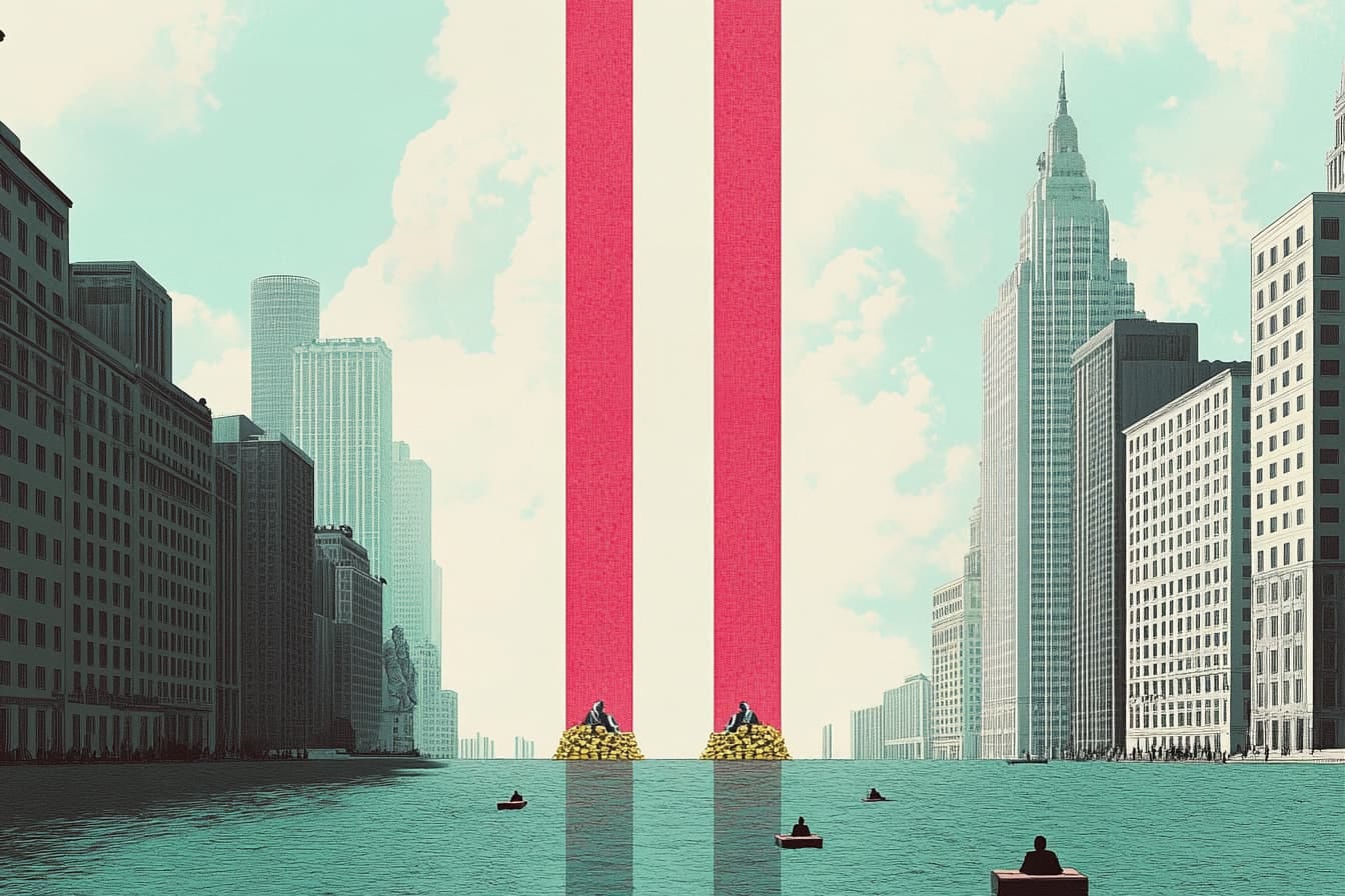 A flooded city with employees on lifeboats and CEOs sitting on piles of money