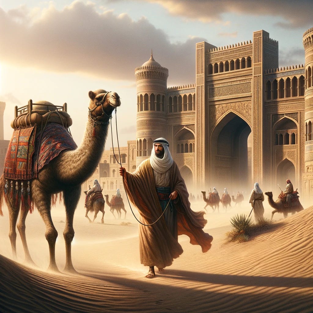An ancient Arab trader, dressed in traditional Bedouin robes, pulling a camel at the entrance of an old city reminiscent of historic Baghdad. The scene is set in a desert landscape, with the city gates visible in the background, embodying the architecture and atmosphere of the Middle East centuries ago. The trader and camel are depicted in the foreground, highlighting the interaction between man and animal against the backdrop of a bustling ancient city entrance, surrounded by the vastness of the desert. Sand dunes and traditional desert flora should subtly frame the scene, emphasizing the harsh yet beautiful desert environment.
