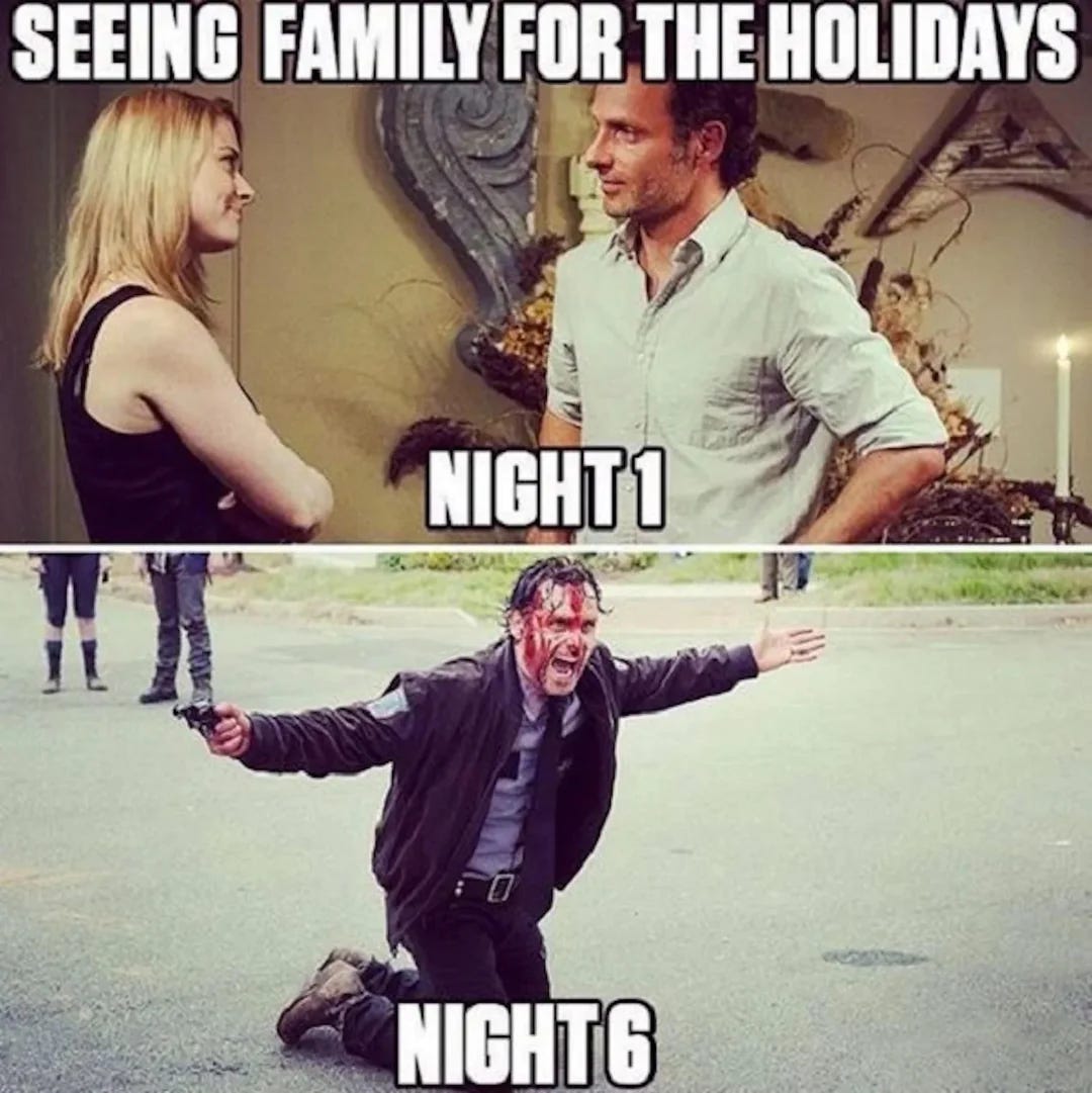 Two panels, stacked horizontally. Top panel shows Rick from Walking Dead looking fresh and clean. Caption "Seeing Family for teh Holidays Night 1". Bottom panel, Rick kneels on the ground, spreading his arms wide, with a gun in his hand and blood on his wild-looking face. Caption: Night 2