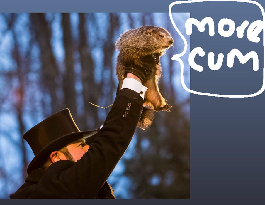 A photo of Punxsutawney Phil being held up, with a drawn in speech bubble that says "more cum"