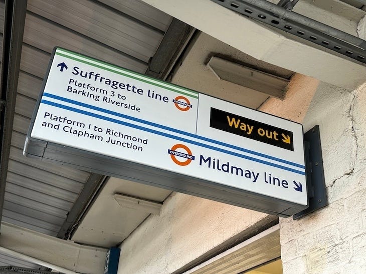 New signage for the Suffragette and Mildmay lines