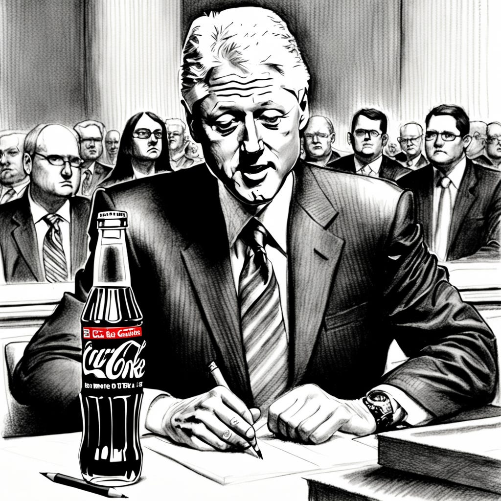 Bill Clinton sitting in court with a bottle of Diet Coke.