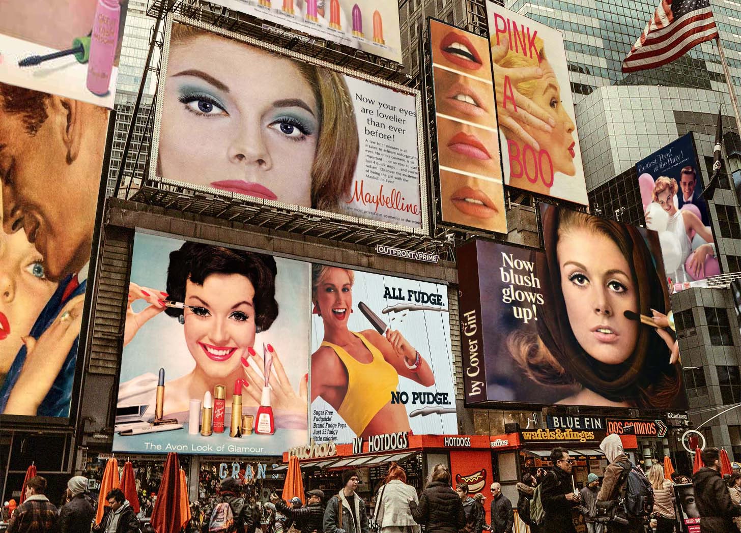 A photo of Times Square with billboards full of old beauty magazine ads that feature women with mostly dead-eyed gazes modeling beauty products.