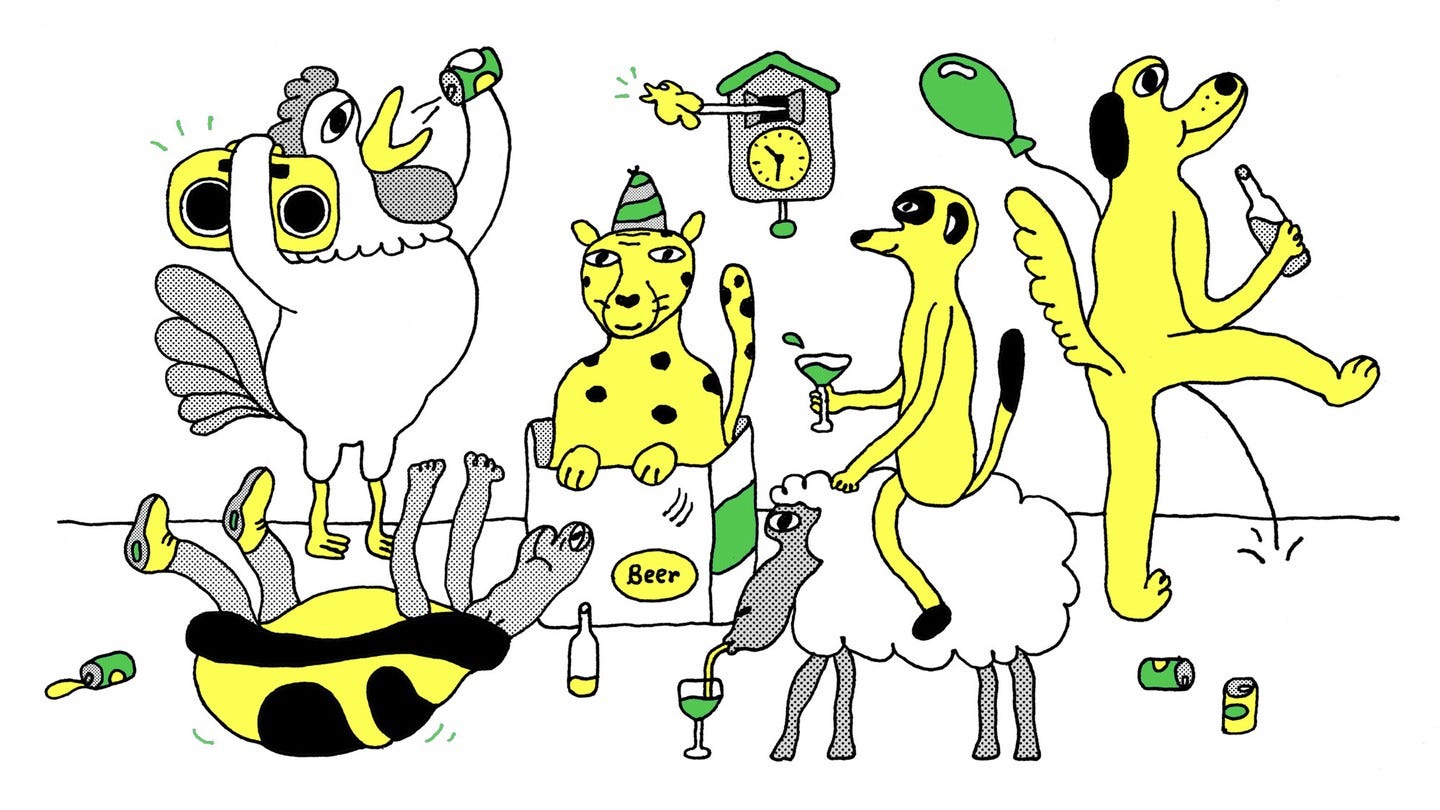 An illustration of various animals partying