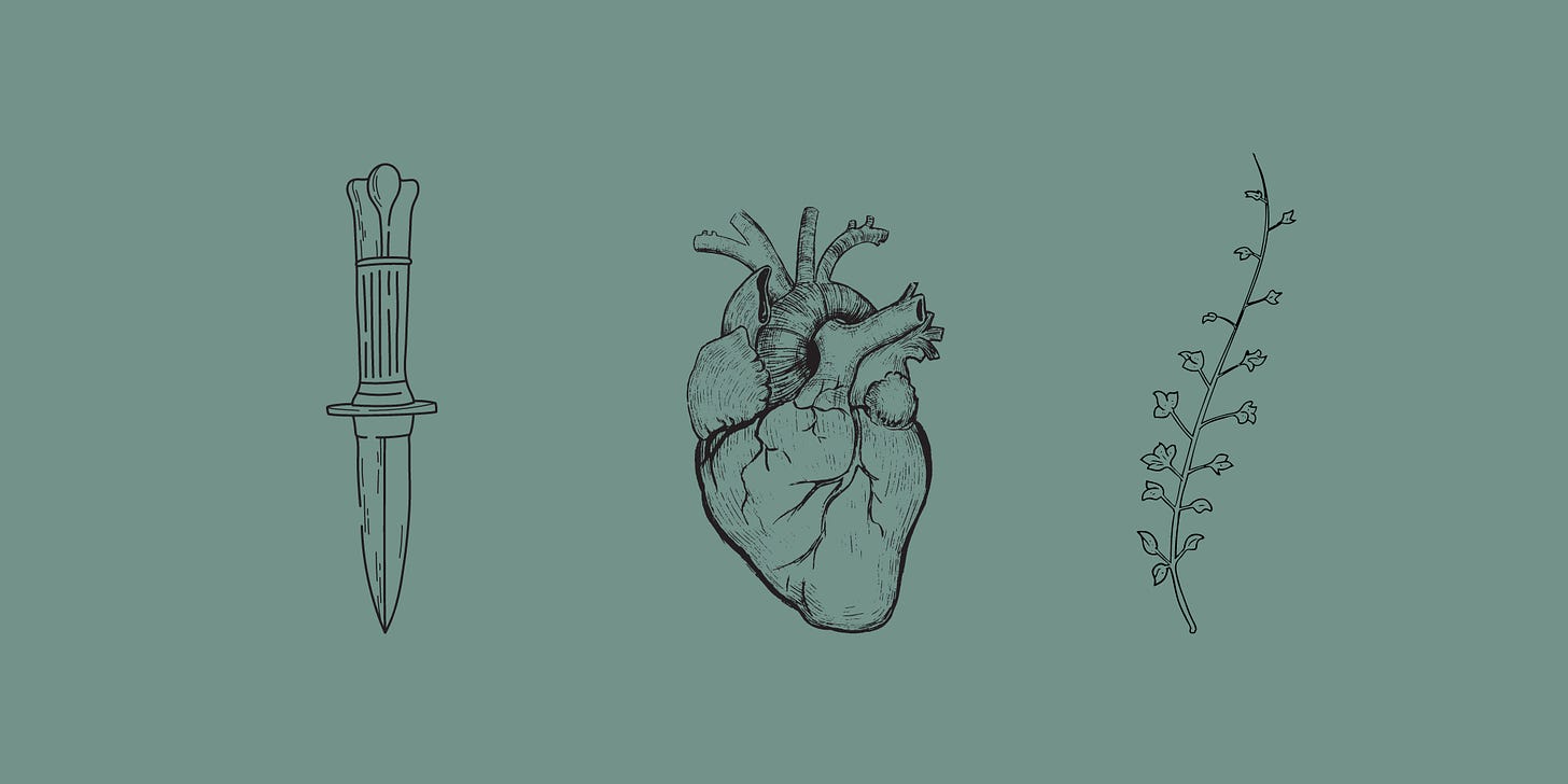 Three sketched images on a sage green background: a dagger, an anatomical heart, and a sprig of herbs