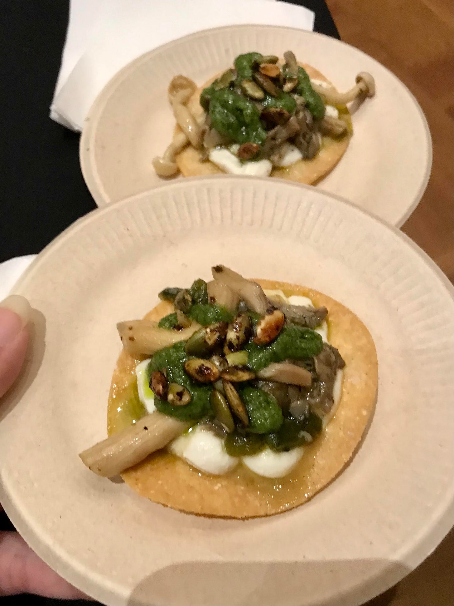 mini, palm-sized Mushroom & poblano tostada