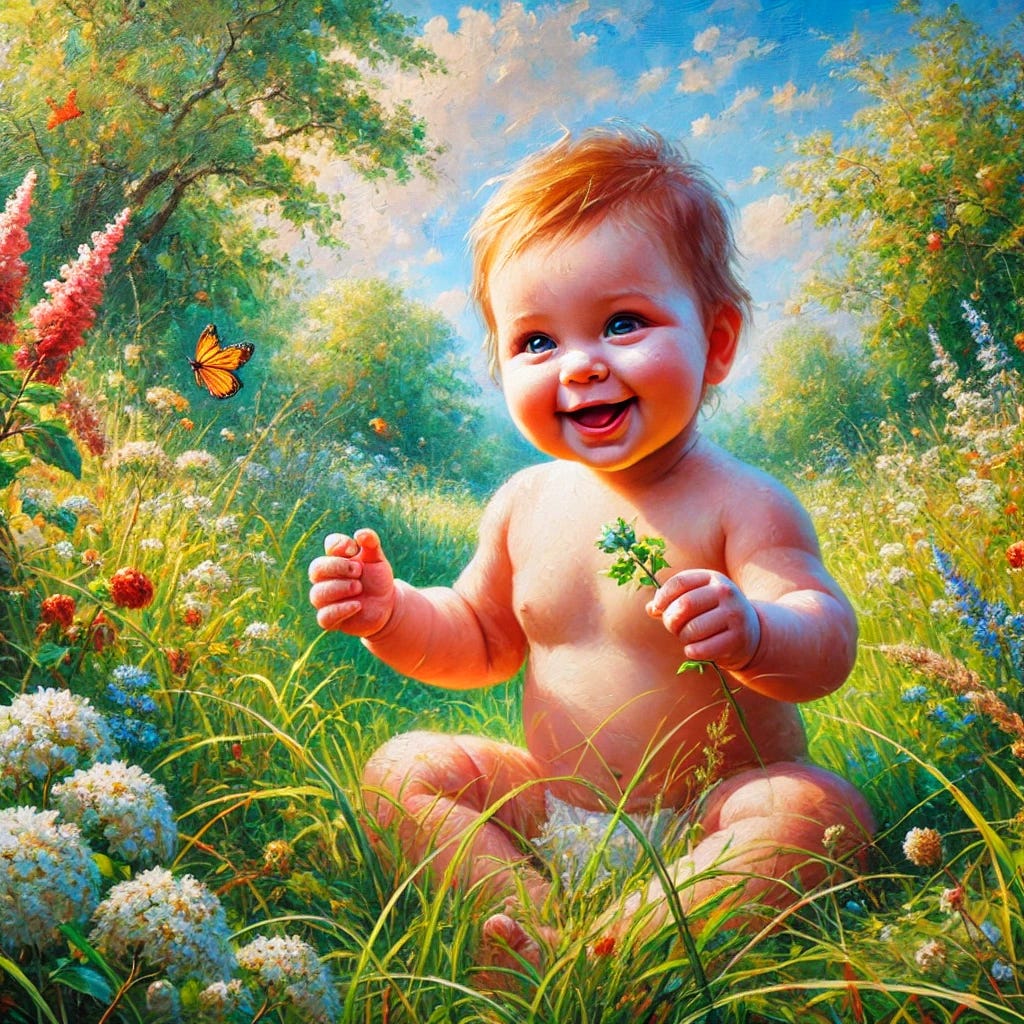 An oil painting depiction of a healthy baby playing outdoors. The baby is portrayed with vibrant and lively brushstrokes, capturing the essence of joy and innocence. The baby is in a lush green garden, surrounded by blooming flowers and tall grass, with a clear blue sky in the background. The baby has a cheerful expression, possibly holding a small toy or reaching out to touch a flower. The use of warm colors and dynamic textures emphasizes the natural beauty of the outdoor setting and the baby's playful nature. The overall scene is serene, joyful, and full of life, celebrating the innocence of childhood in a beautiful and artistic style.