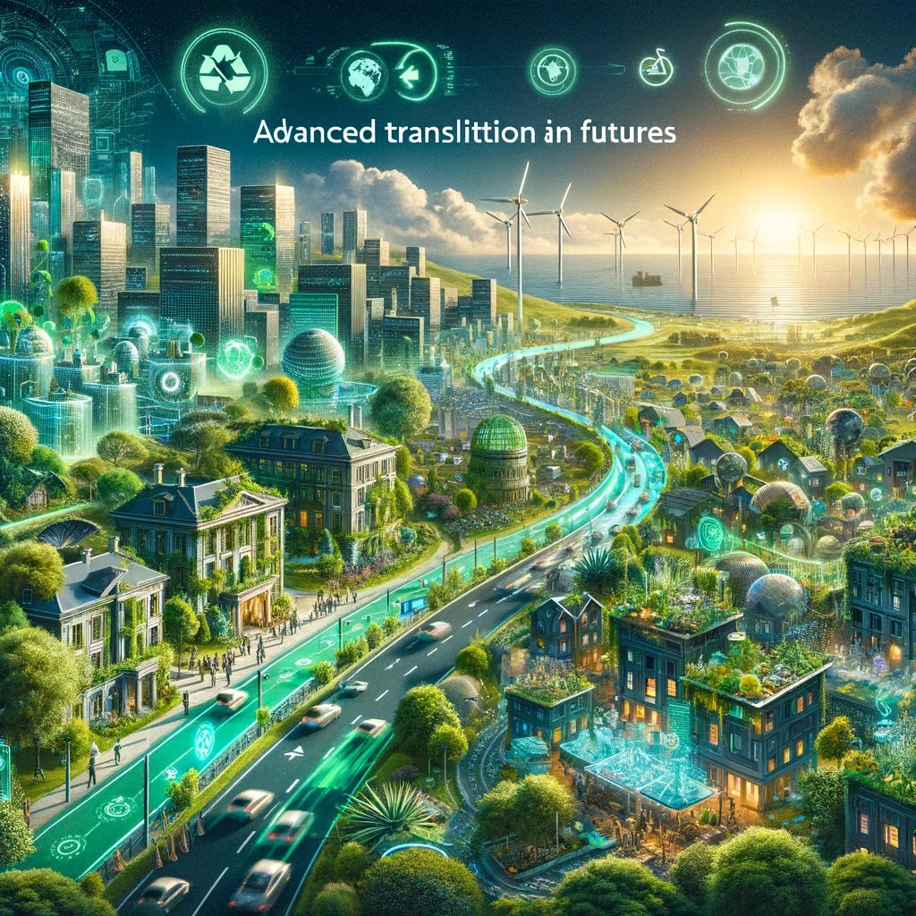 Advanced transition towards a protopian future, showcasing a society where the integration of technology and nature is evident. The scene includes green buildings, advanced renewable energy systems, and efficient waste management. Communities are tightly knit, with technology facilitating collaboration and innovation. Health and wellness are prioritized, with technology integrated into everyday life to enhance the quality of life.