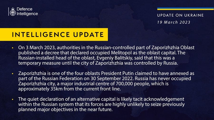 Defence Intelligence update on Ukraine - 19 March 2023. Please see thread below for full image text.