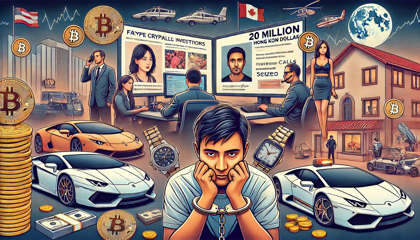 A banner depicting three major scams. On the left, show a busy, high-tech call center with professional-looking employees behind computers, manipulating fake cryptocurrency investments with romantic images, including fake deepfake video calls on screens. Display luxury items like watches and cash in the background, hinting at the 20 million Hong Kong dollars seized. In the middle, show an Indian man, Chirag Tomar, in handcuffs being taken away by police, with a laptop screen showing a fraudulent website 'CoinbasePro.Com' and a transfer of millions. In the background, luxury cars like Lamborghinis and Porsches, watches, and exotic travel destinations like Dubai and Thailand. On the right, show a person in Canada holding a threatening letter in one hand and a photo of their house (from Google Maps Street View) in the other, with Bitcoin logos and ominous text about sextortion scams involving cryptocurrency. The banner should balance all these elements with a sense of high-tech crime, deceit, and luxury.