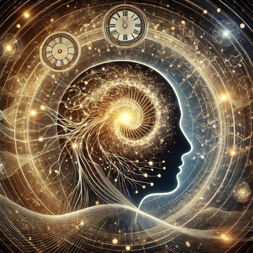 A visually striking illustration exploring the concept of precognition, blending abstract and scientific elements. In the foreground, a silhouette of a human head with glowing neural pathways and networks extending from the brain, symbolizing consciousness. The background features a spiral or vortex pattern representing time, interwoven with futuristic clock imagery and quantum waveforms. Faint glowing images or lights appear as if representing glimpses of future events. The color palette avoids blue and uses warm tones like gold, amber, and cream with glowing accents to evoke mystery, time, and scientific inquiry.