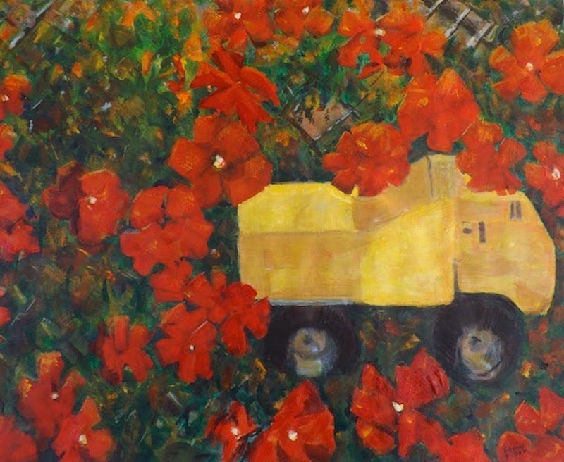 Painting by Sherry Killam of a yellow toy tonka truck and blooming red flowers