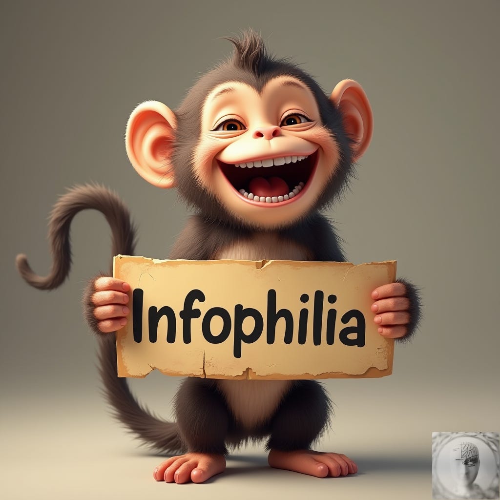 AI generated laughing monkey holds a sign "infophilia"