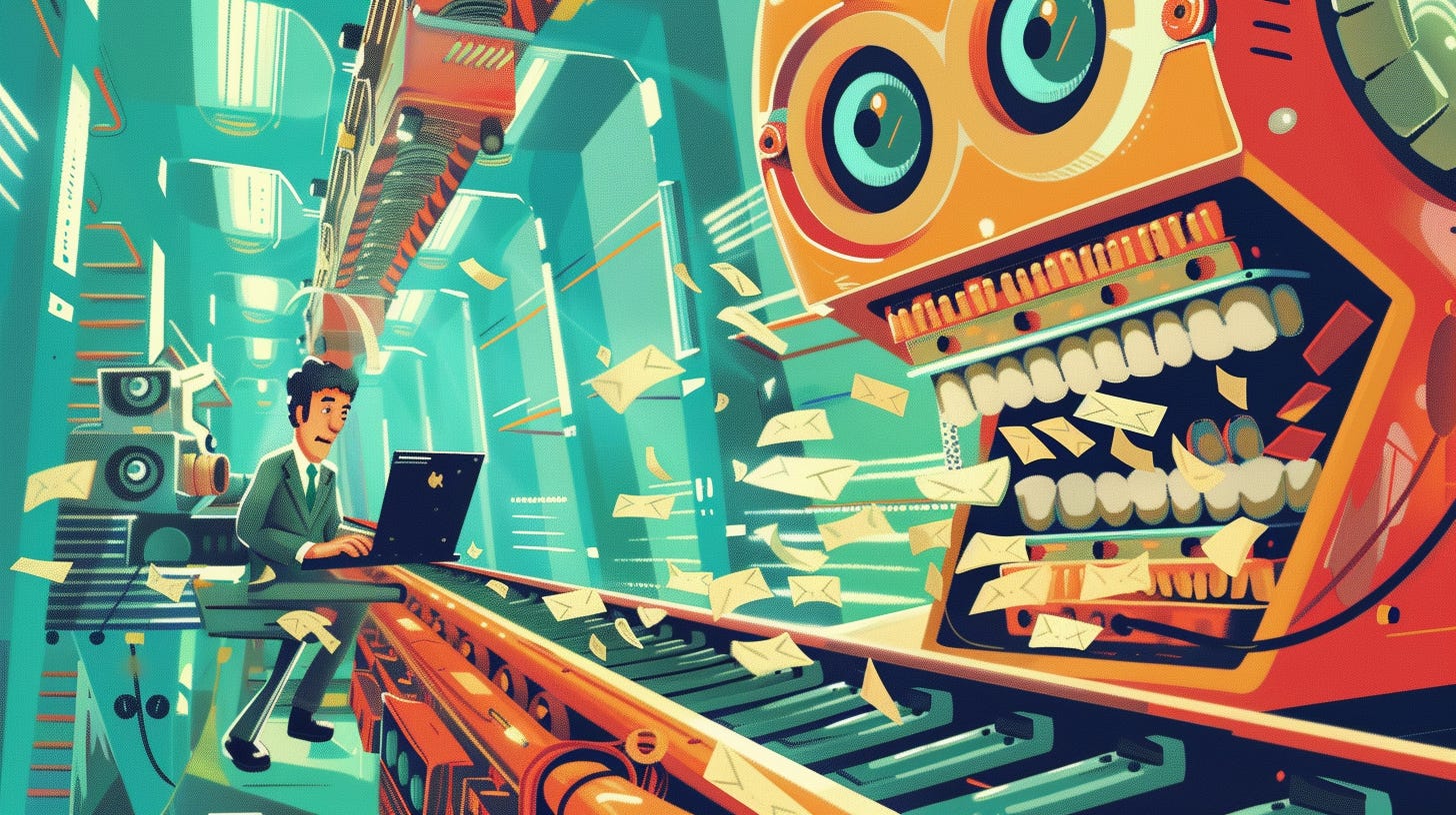Cartoon of a man typing on a laptop. A conveyor belt sweeps documents into the mouth of a giant robot. Image generated using Midjourney