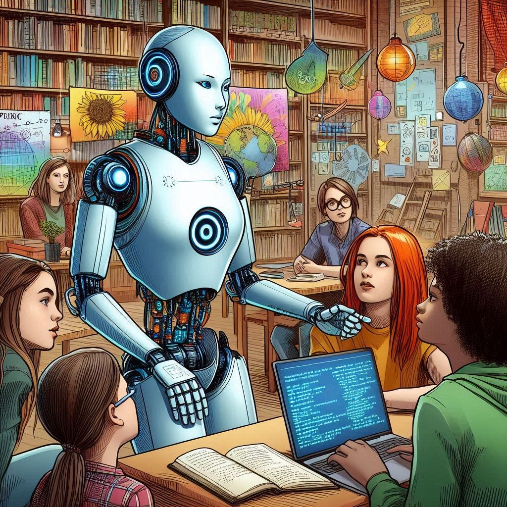 a female-coded robot teaching a language to young activists in a library, solarpunk drawing