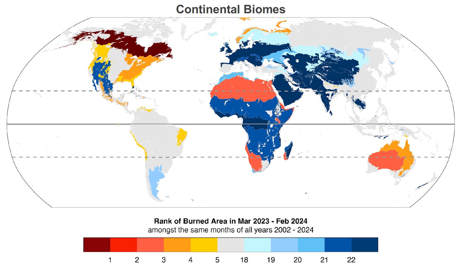 Map of the world, showing different countries and the rank of the 2023-2024 fire season compared to the last 20 or so, in terms of area burned. From the State of Wildfires 2023-2024 report