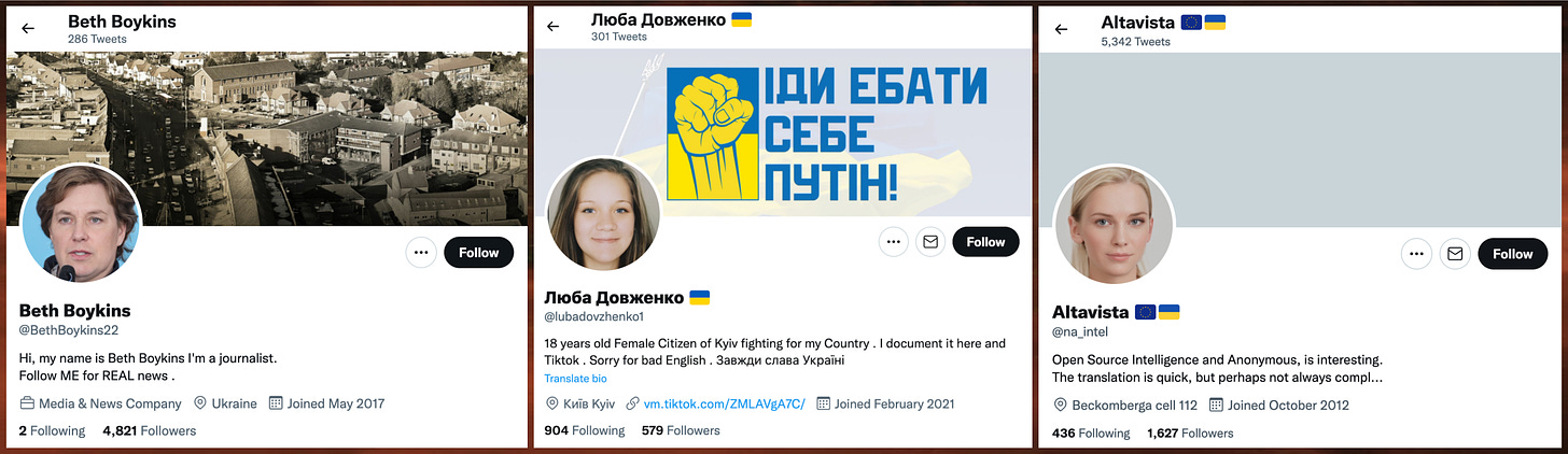 screenshots of three Twitter accounts from 2022 with GAN-generated faces pretending to be reporters covering the Ukraine war: @BethBoykins22, @lubadovzhenko1, and @na_intel