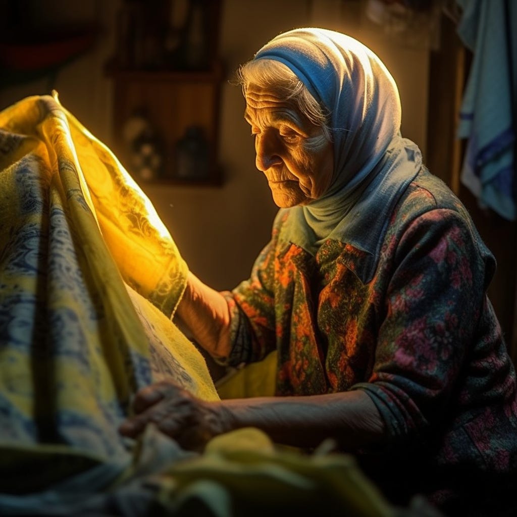 Create a personal and intimate portrait of an older turkish woman going about a slow, enjoyable day while doing laundry by hand in a vivid, meaning rich dream world. She is surrounded by calming, beautiful imagery. There is a radiant light blue and yellow light lightly emanating all around her. Use a Sony α7 III camera with a 85mm lens at F 1.2 aperture setting to blur the background and isolate the subject. The surroundings should be ethereal and cosmic, and the woman should look fully alive, inspired, and captivated by wonder. Use dreamlike lighting with soft, fantastic colors falling on the subject’s face and hair. The image should be shot in high resolution and in a 9:16 aspect ratio. Use the latest Midjourney model with photorealism mode turned on to create an ultra-realistic image that captures the subject's own aura of genius.
