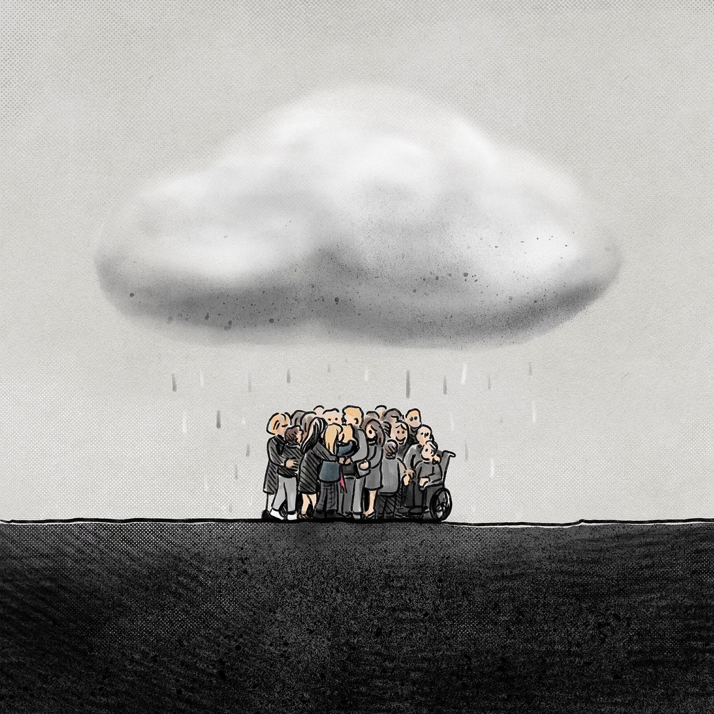 no caption - family embracing under one rain cloud