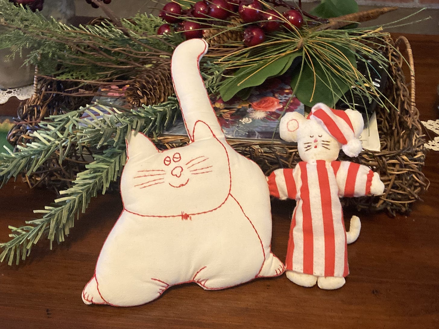 Handmade cat and mouse Christmas decorations