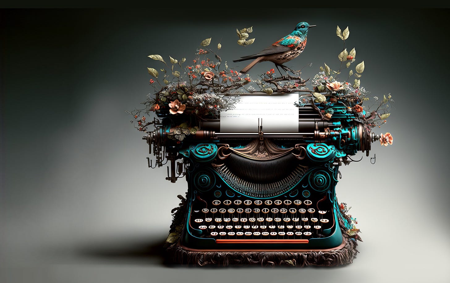 A vintage typewriter that has leaves and flowers growing from it. A delicate teal coloured bird sits atop it.