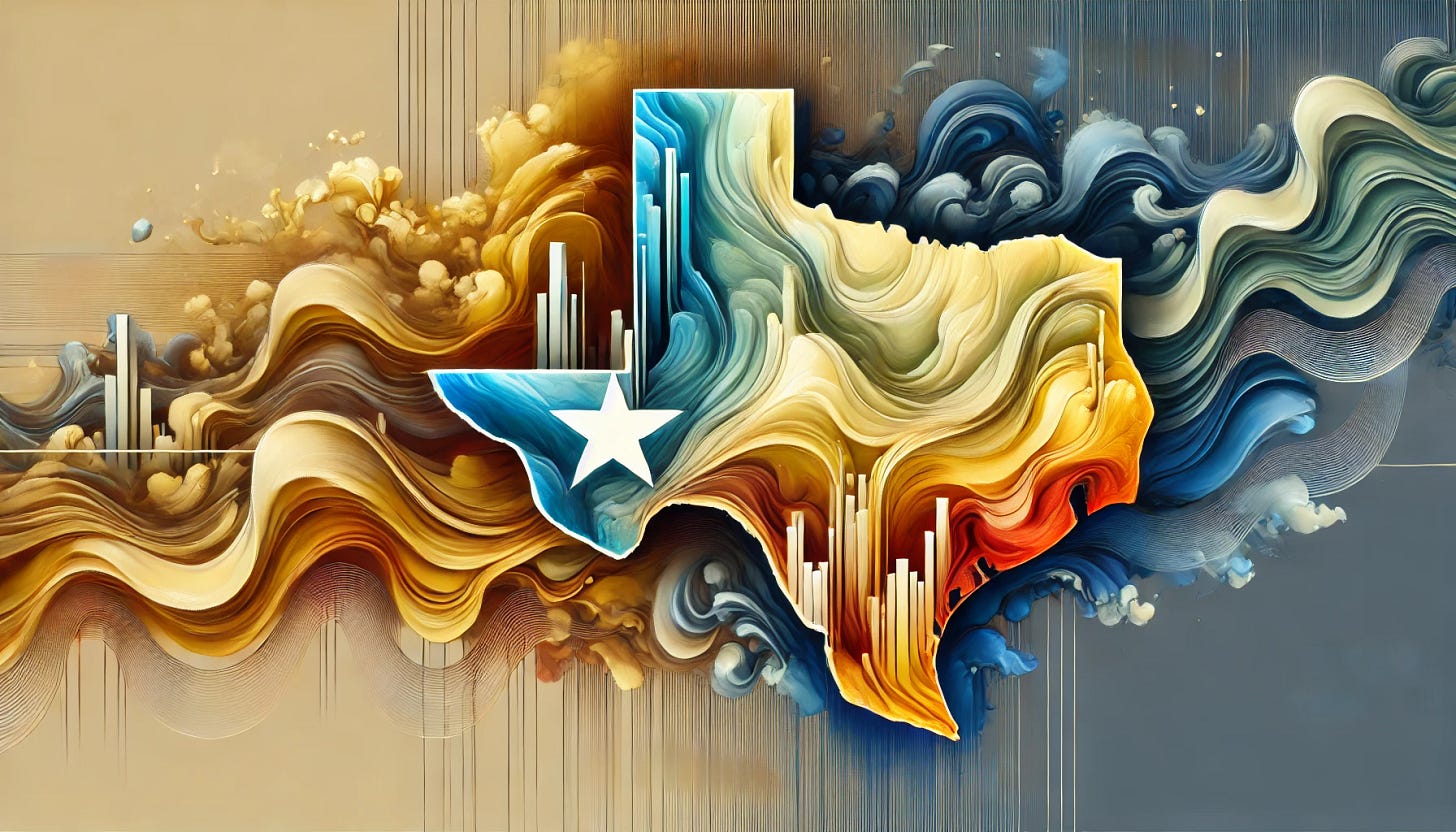 An elegant and abstract representation of the 'Texas Miracle' as a mirage or reality. The image should use flowing, dreamlike forms to depict a Texas landscape that shifts between solidity and illusion—one part thriving and full of opportunity, the other dissolving into abstraction like a desert mirage. Vibrant yet refined colors, such as warm golds and deep blues, should create a sense of both promise and uncertainty. The composition should be sophisticated and modern, avoiding literal depictions of buildings while subtly hinting at themes of growth, transformation, and housing expansion. The outline of Texas can be subtly woven into the abstract forms, reinforcing the theme without overwhelming the composition.