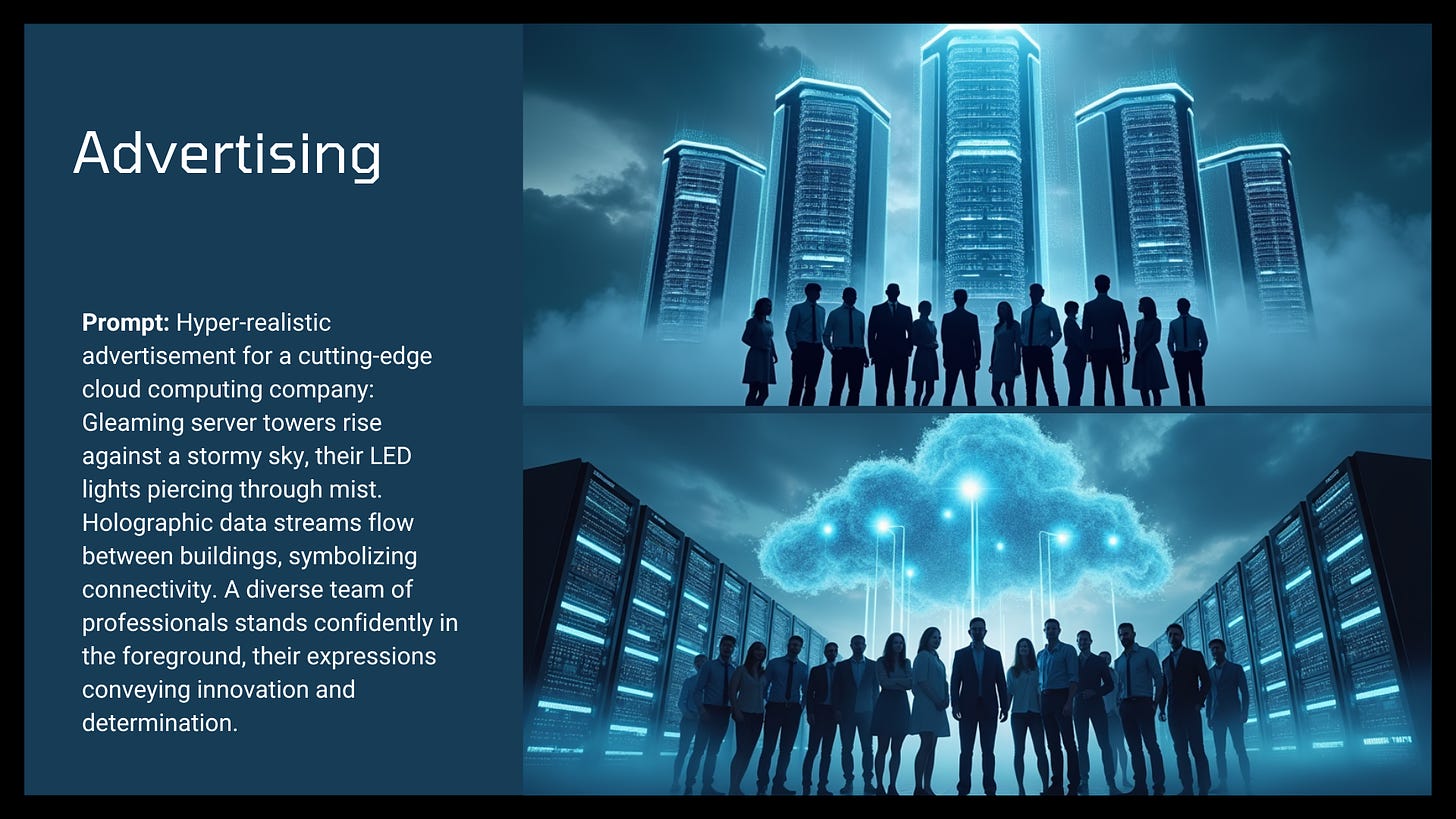 Hyper-realistic advertisement for a cutting-edge cloud computing company: Gleaming server towers rise against a stormy sky, their LED lights piercing through mist. Holographic data streams flow between buildings, symbolizing connectivity. A diverse team of professionals stands confidently in the foreground, their expressions conveying innovation and determination.