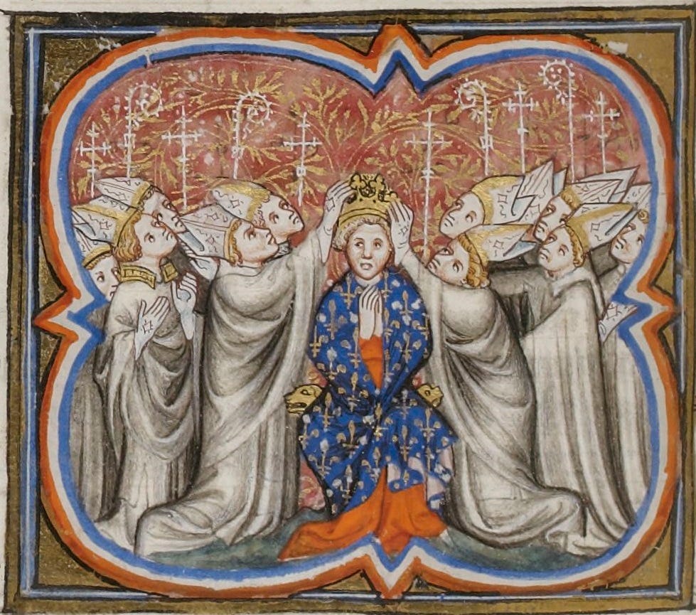 Medieval manuscript image of the coronation of Philip Augustus.