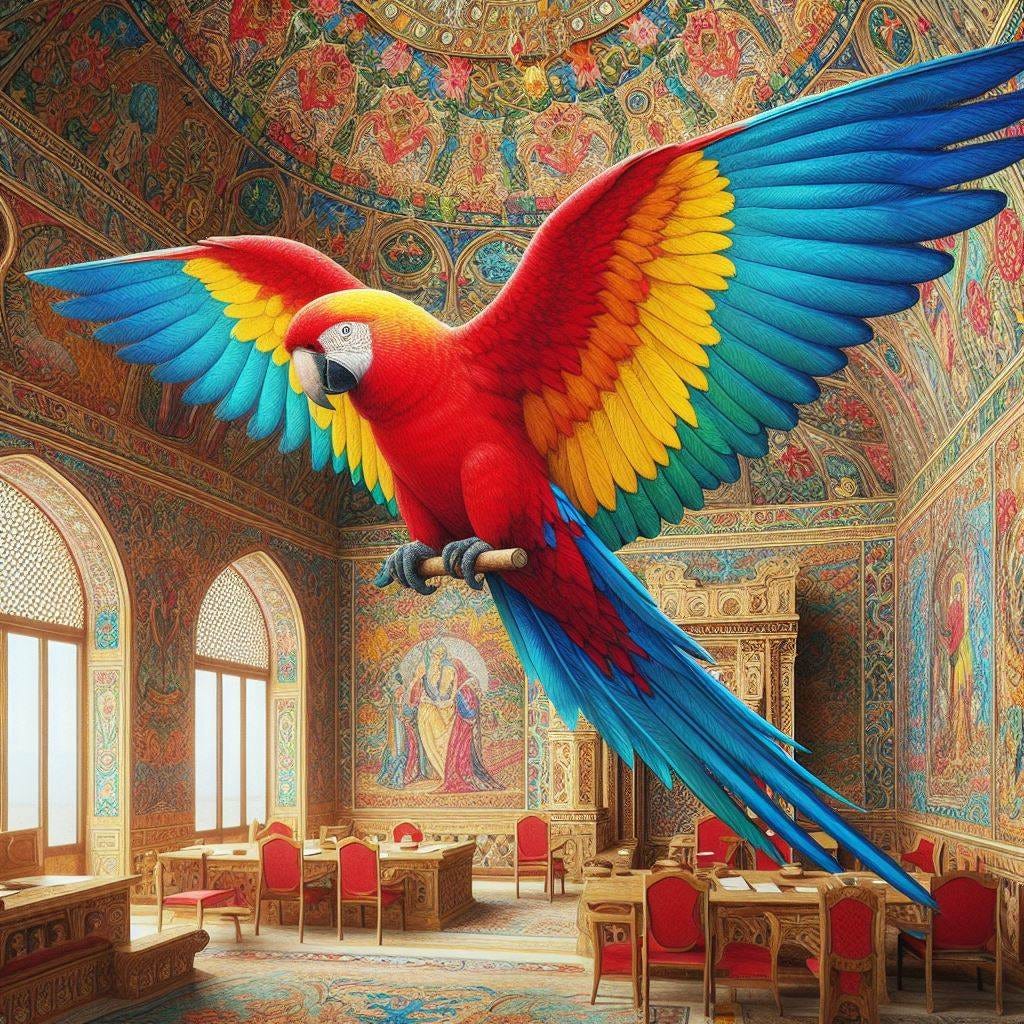 a red parrot, a blue tail, and its wings seemed to blend seamlessly from red to yellow and then to blue, in a dazzling display of colors. medieval iraq office interior.