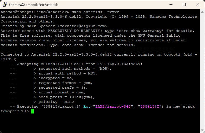 Asterisk CLI reporting successful connection of computer to node