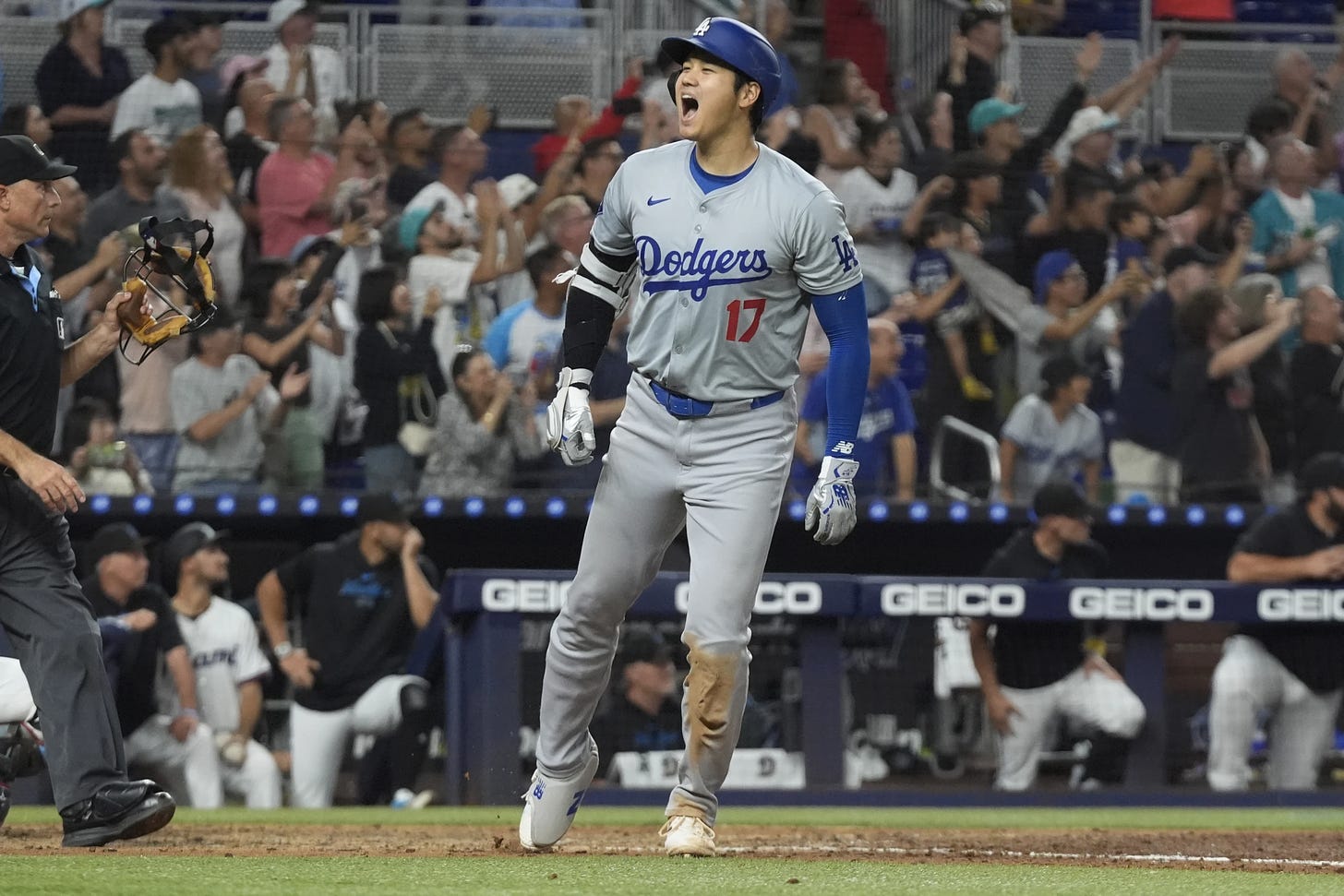 Shohei Ohtani (17) of the Los Angeles Dodgers celebrates after hitting his 50th home run of the season on September 19, 2024 (Photo: Marta Lavandier/Associated Press).