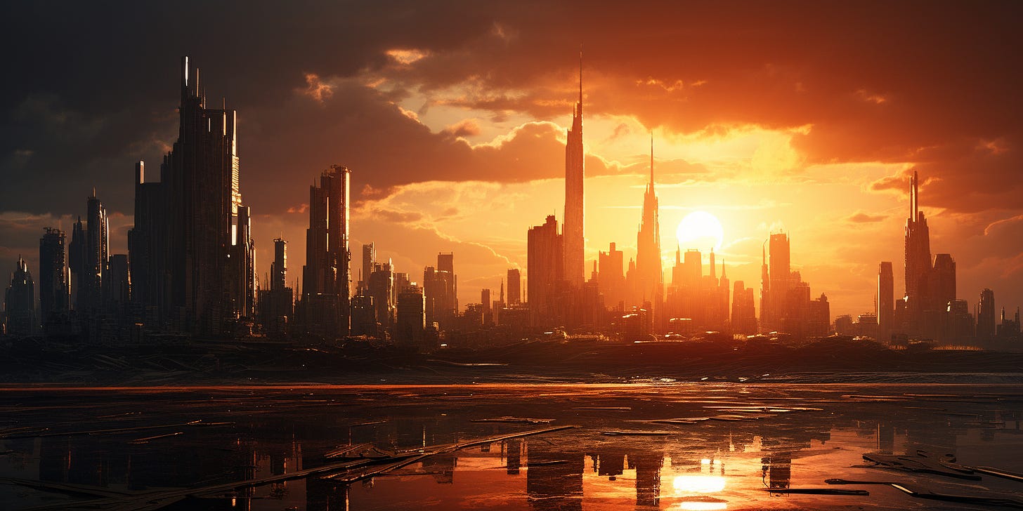 Landscape shot of a silhouette of a cyberpunk city, drenched in golden morning sunlight