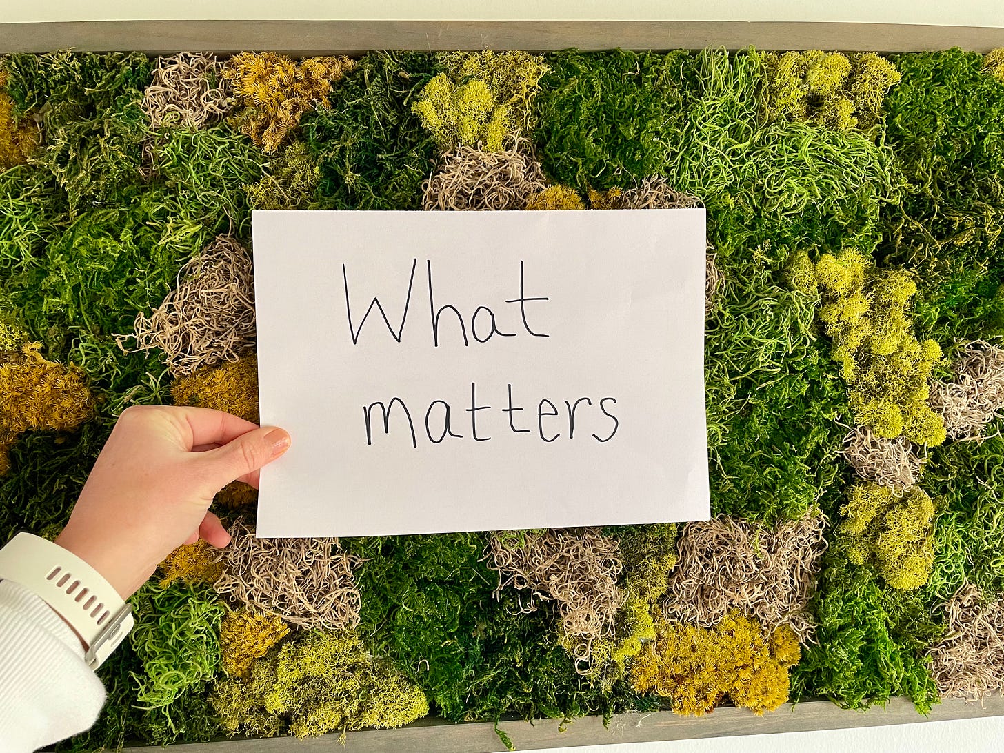 A photo of a white hand holding a white paper sign that reads, in black marker, "What matters." Behind the sign is a collage of green moss.